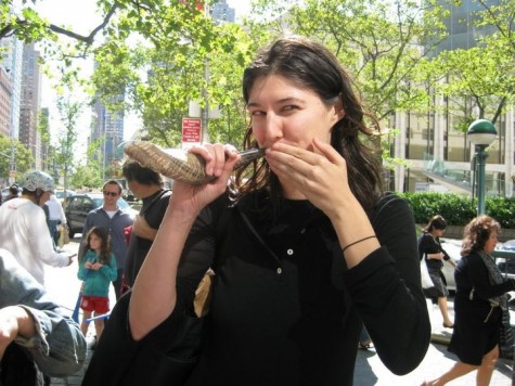 composer is performing in front of Lincoln Center with her news instrument as part of Art Kibbutz's Shofar FlashMob