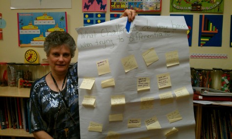 Curriculum Coordinator Karen Simon holds up a sheet on which teachers placed post-it notes answering the question, “What challenges do you have when trying to differentiate?” Photo courtesy.
