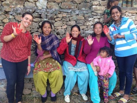 Emily Sasser with women in Bhwasa, Nepal; photo courtesy Tevel b’Tzedek.