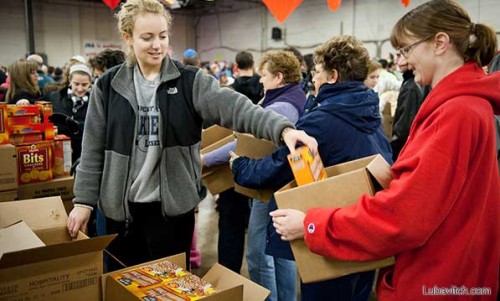 A human assembly line at Philadelphia’s Jewish Relief Agency warehouse.