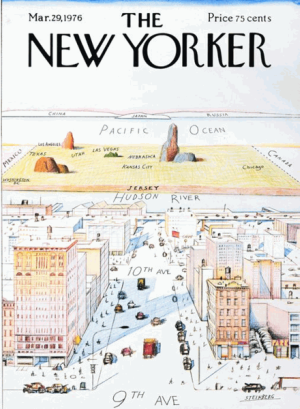 Saul Steinberg's March 29, 1976 "View of the World from Ninth Avenue" cover of The New Yorker; screen shot Wikipedia.