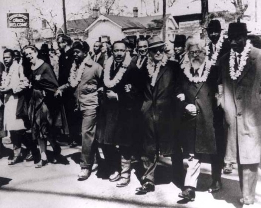 Rabbi Abraham Joshua Heschel (second from right), marches at Selma with Rev. Martin Luther King, Jr., Ralph Bunche, Rep. John Lewis, Rev. Fred Shuttlesworth and Rev. C.T. Vivian; courtesy of Susannah Heschel.