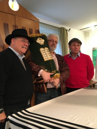 (l-r) Rabbi Haim Dov Beliak, Joe Smoczynski (who wrote the letter and is wearing and Joe Stasiak, Beit Warszaza's congregational president as they are about to put the Torah in the Aron Kodesh at Beit Warszaza for safe-keeping until the April 8 opening of Beit Centrum Ki Tov.
