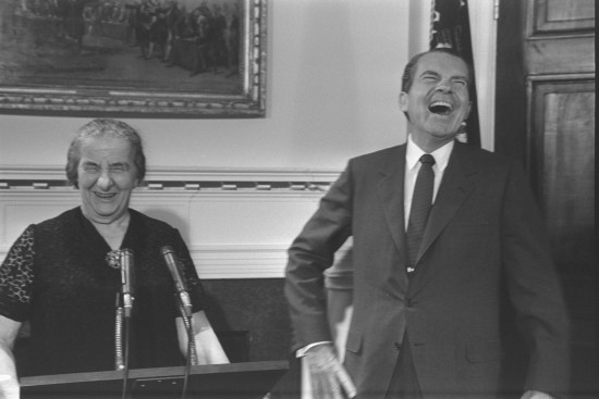 P.M. Golda Meir and President Richard Nixon addressing the White House Press Corps; courtesy Israel GPO.