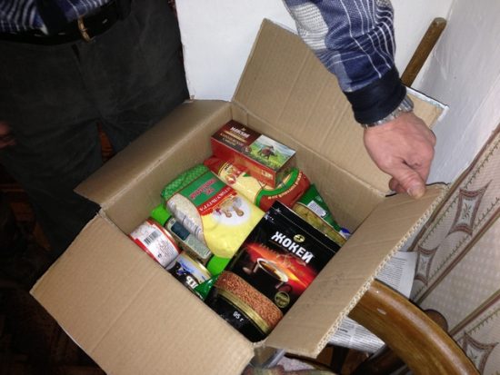 A food package containing coffee, oil, sugar, flour, honey, Jewish magazines, and other items distributed in Syktyvkar, Russia. Photo courtesy JDC.