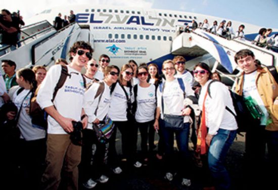 A planeload of young adults arrives in Israel in 2009, the 10th anniversary of the Birthright Israel program.