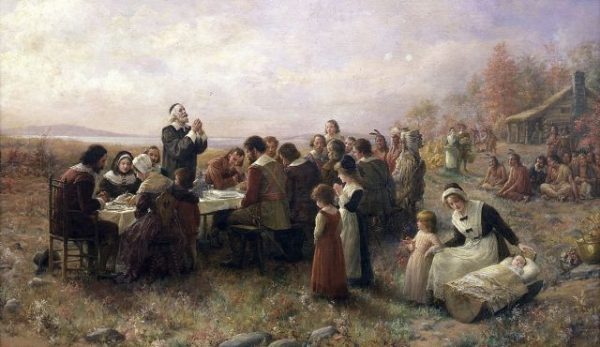"The First Thanksgiving at Plymouth," oil on canvas by Jennie Augusta Brownscombe (1914). Photo credit: Stedelijk Museum De Lakenhal, Wikimedia Commons.