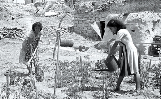 Israel's pioneer settlers came to a desperately poor land devoid of resources, and relied heavily on donations from overseas—plus their own devoted labor—to build a stable and prosperous new nation. Here, new immigrants water a vegetable patch in 1949 in their settlement of Ein-Hod. (Kluger Zoltan)