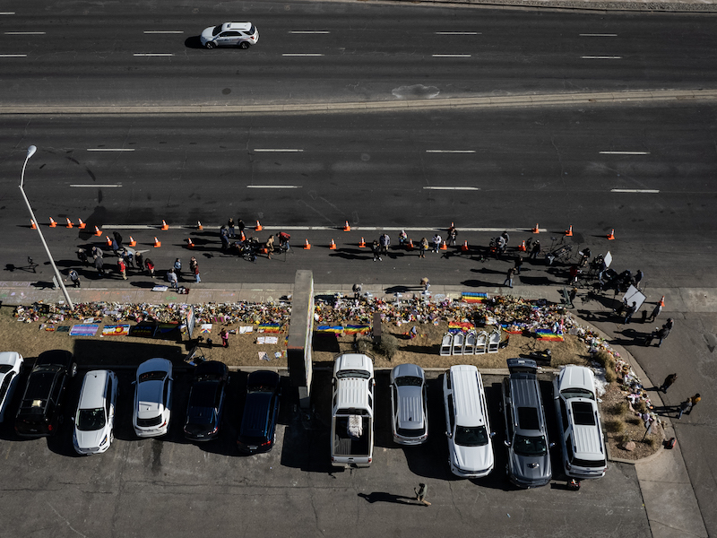 An aerial view of mourners gathering on Tuesday at a memorial for the victims of the shooting at an LGBTQ club in Colorado Springs, Colo.