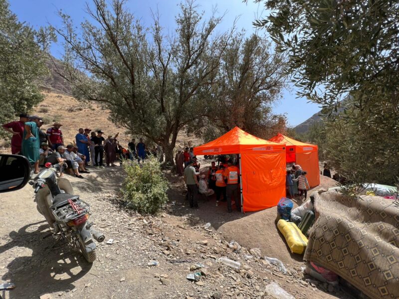 A United Hatzalah team sets up a mobile clinic in a village affected by a recent earthquake in Morocco's Atlas Mountains in September 2023.