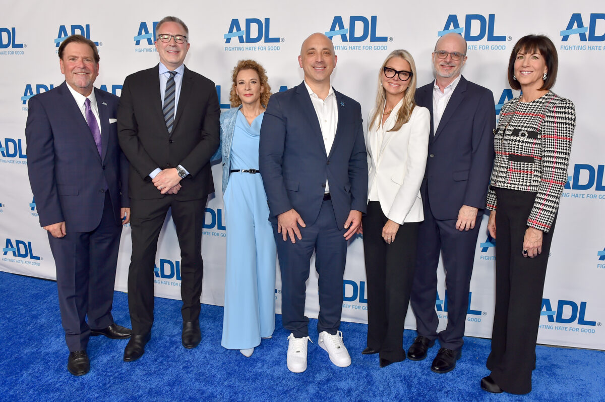 Hollywood luminaries gathered for the announcement of the ADL Media & Entertainment Institute on Sept. 12 at the Academy Museum in Los Angeles. From left to right: Jeffrey Abrams, ADL Regional Director; Bill Kramer, CEO of the Academy of Motion Picture Arts and Sciences; Madeline Di Nonno, President and CEO of the Geena Davis Institute on Gender in Media; Jonathan Greenblatt, ADL CEO; Nicole Mutchnik, Vice Chair, ADL Board of Directors; Nick Adams, Vice President of GLAAD Media Institute and Ivy Kagan Bierman, Chair of Entertainment Labor at Loeb & Loeb LLP.