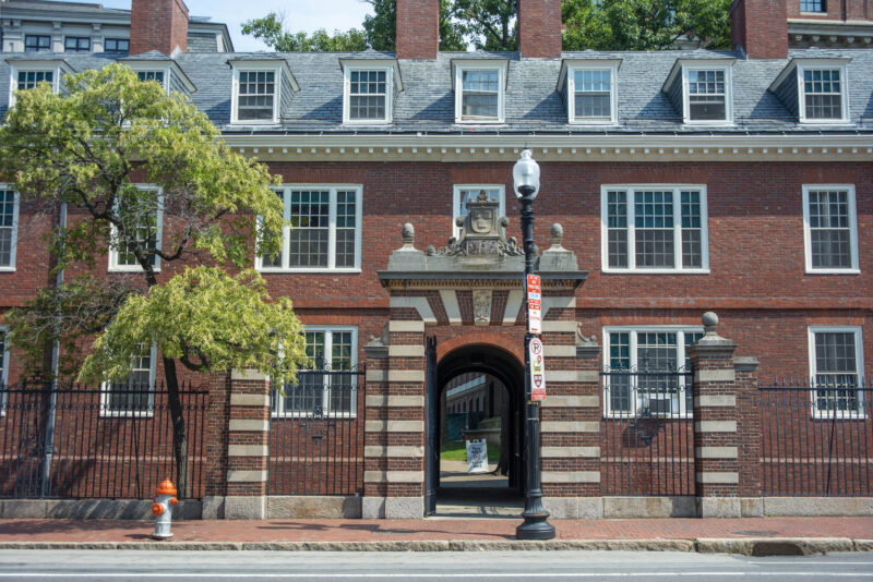 Entrance gate of Wigglesworth Hall Widener Library at Harvard Yard in Harvard University in Cambridge, Mass.