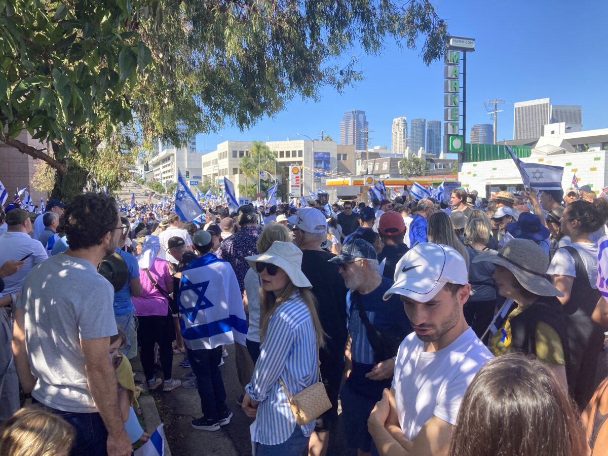 Thousands of people take part in a march in solidarity with Israel through Los Angeles on Oct. 15, 2023.