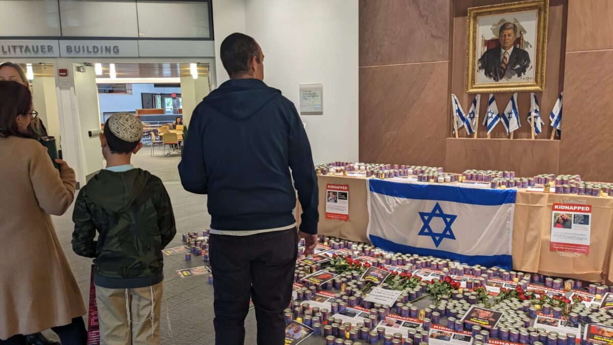 A memorial to the victims of the Hamas attacks at the Harvard Kennedy School of Government in Cambridge, Mass.